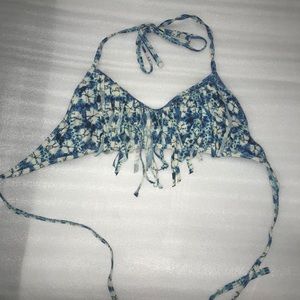Blue patterned fringe swim suit top